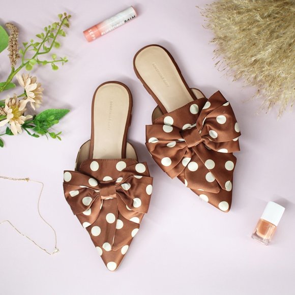 Something Navy Shoes - Brown w/White Dots Pointed Toe Flats w/Bow